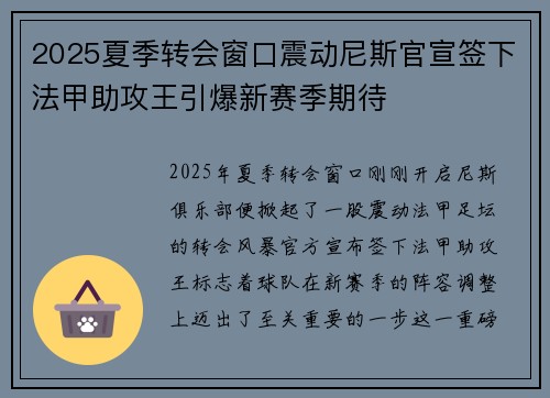 2025夏季转会窗口震动尼斯官宣签下法甲助攻王引爆新赛季期待 2025夏季转会窗口震动尼斯官宣签下法甲助攻王引爆新赛季期待